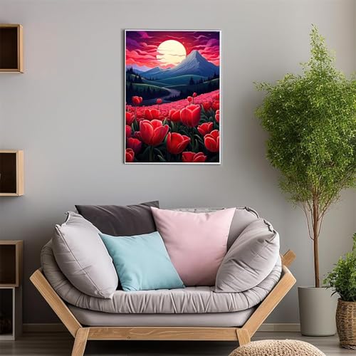 5D Diamond Painting Kit, Tulpenlandschaft Diamant Painting Bilder, DIY Diamond Art Painting Kit, Kristall Strass Kreuzstich Stickerei Kits für Erwachsene Kinder Geschenke Wand Deko Round Drill 40x50cm von ShangShengzi