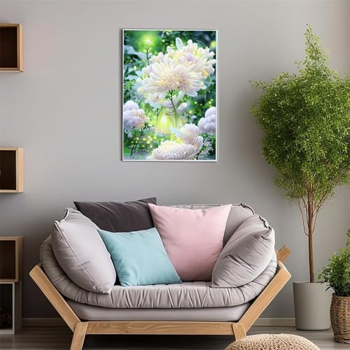 5D Diamond Painting Kit, Weiße Chrysantheme Diamant Painting Bilder, DIY Diamond Art Kristall Strass Kreuzstich Stickerei Kits für Erwachsene Kinder Geschenke Wand Deko Round Drill 60x80cm von ShangShengzi