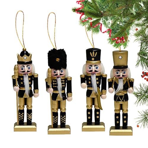 Weihnachts-Nussknacker-Ornament-Set, Nussknacker-Anhänger aus Holz - 4X Holzfiguren-Anhänger Weihnachtsnussknacker,Saisonale Dekoration, schwarzgoldener Soldat, Fotografie-Requisiten für Tür, Fensterb von Shapen