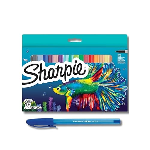 Sharpie Permanentmarker-Set | Farbsortiment in limitierter Auflage | feine Spitze | 18 Marker Stifte | Schulanfang-Set + PaperMate Stift Geschenk von SHARPIE