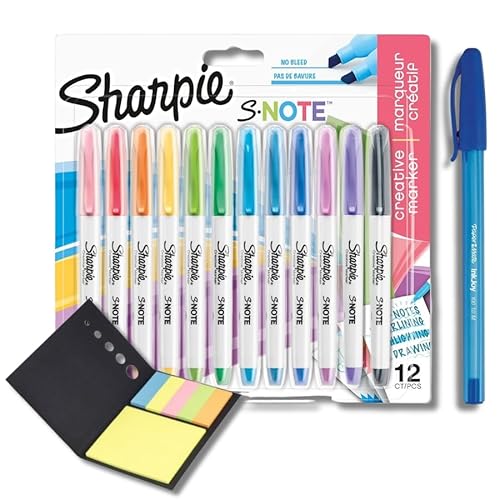 Sharpie S-Note Textmarker, Pastellfarben, Keilspitze, 12 Stück + PaperMate Stift als Geschenk und Haftnotizen von Sharpie