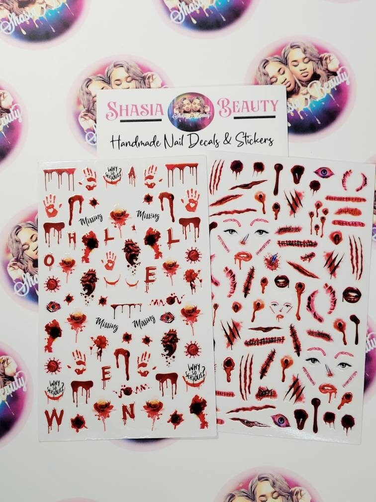 Blut Tropft Blutige Hände Nagel Aufkleber, Nail Art Dekoration, Halloween Aufkleber Für Nägel, Schusswunden von ShasiaBeauty