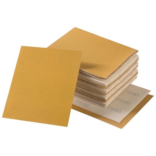 Shawya 40 Stück 1/4 Blatt Schleifpapier 11,4 x 14,9 cm, goldfarbenes Schleifpapier mit Ring- und Schlaufenrückseite, Körnung 240, Schleifpapier für Handschleifblöcke, Holzbearbeitung, Autolack für von Shawya