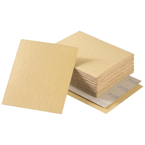 Shawya 40 Stück 1/4-Blatt-Schleifpapier 11,4 x 14 cm, goldfarbenes Schleifpapier mit Ring- und Schlaufenrückseite, Körnung 100, Schleifpapier für Handschleifblöcke, Holzbearbeitung, Autolack für von Shawya