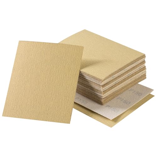 Shawya 40 Stück 1/4-Blatt-Schleifpapier 11,4 x 14 cm, goldfarbenes Schleifpapier mit Ring- und Schlaufenrückseite, Körnung 150, Schleifpapier für Handschleifblöcke, Holzbearbeitung, Autolack für von Shawya