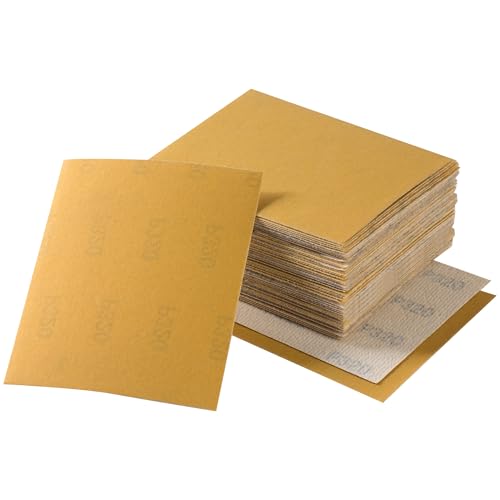 Shawya 40 Stück 1/4-Blatt-Schleifpapier 11,4 x 14 cm, goldfarbenes Schleifpapier mit Ring- und Schlaufenrückseite, Körnung 320, Schleifpapier für Handschleifblöcke, Holzbearbeitung, Autolack für von Shawya