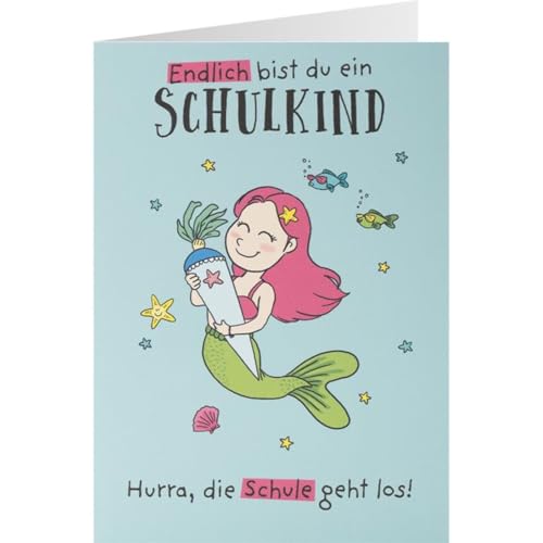 Sheepworld - 48869 - Klappkarte zum Schulanfang, mit rotem Umschlag, Meerjungfrau, Schulanfang, Hurra! Endlich bist du ein Schulkind! 14,5cm x 10cm von Sheepworld AG