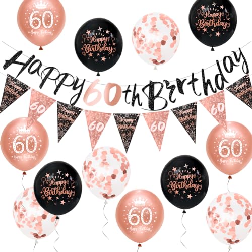 Frauen 60. Geburtstag Dekorationen Schwarz Rose Gold 60. Geburtstag Party Dekorationen Frauen Happy 60th Birthday Banner Wimpelkette Kit von Sheinly von Sheinly