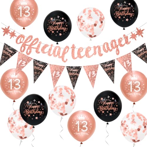 Mädchen 13. Geburtstag Dekorationen Schwarz Rose Gold 13. Geburtstag Party Dekorationen Mädchen Offizielles Teenager Banner Happy 13th Birthday Banner Wimpelkette Kit von von Sheinly