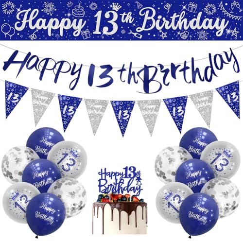 „Sheinly“ Dekorationen zum 13. Geburtstag für Jungen, Blau, Silber, Partydekorationen zum 13. Geburtstag, 16er-Pack, Marineblau, Silber, Banner „Alles Gute zum 13. Geburtstag für Jungen“, Wimpelset v von "Sheinly