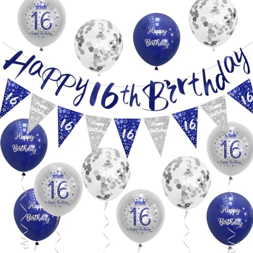 „Sheinly“ Dekorationen zum 16. Geburtstag für Jungen, Blau, Silber, 16. Geburtstag, Partydekorationen, Blau, Banner „Alles Gute zum 16. Geburtstag“, Wimpelset von Sheinly von "Sheinly