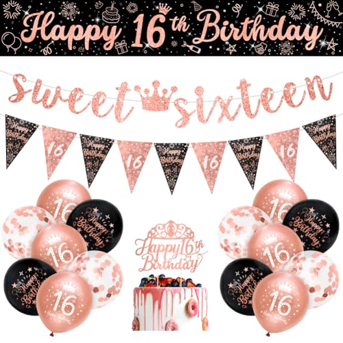 „Sheinly“ Dekorationen zum 16. Geburtstag für Mädchen, Schwarz-Roségold, Sweet Sixteen-Dekorationen, 16er-Pack Banner-Wimpelset für Mädchen zum 16. Geburtstag von Sheinly von "Sheinly