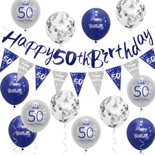 „Sheinly“ Herren-Dekoration zum 50. Geburtstag, Blau, Silber, 50. Geburtstag, Partydekoration, Blau, Happy 50. Geburtstagsbanner, Wimpelset von Sheinly von "Sheinly