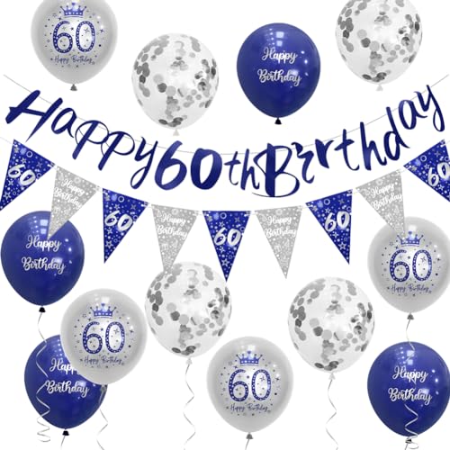 Wimpelkette für Herren zum 60. Geburtstag, blau, silberfarben, Party-Dekoration, blau, Happy 60th Birthday, Wimpelkette Sheinly von Sheinly