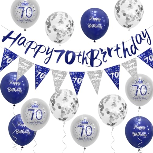 Wimpelkette für Herren zum 70. Geburtstag, Blau und Silber, Party-Dekoration, Blau Happy 70th Birthday, Wimpelkette Sheinly von Sheinly