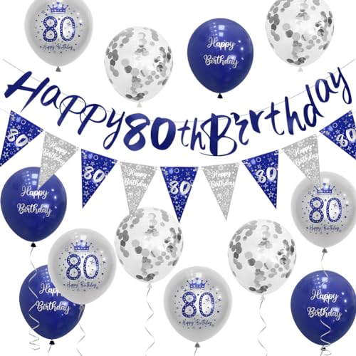 Wimpelkette für Herren zum 80. Geburtstag, Blau und Silber, Party-Dekoration, Blau Happy 80th Birthday, Wimpelkette Sheinly von Sheinly