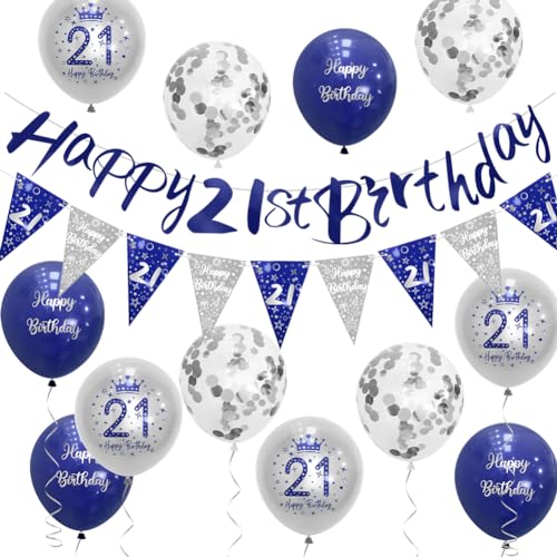 Wimpelkette zum 21. Geburtstag für Jungen, Blau / Silber, Party-Dekorationen zum 21. Geburtstag, Blau Sheinly von Sheinly