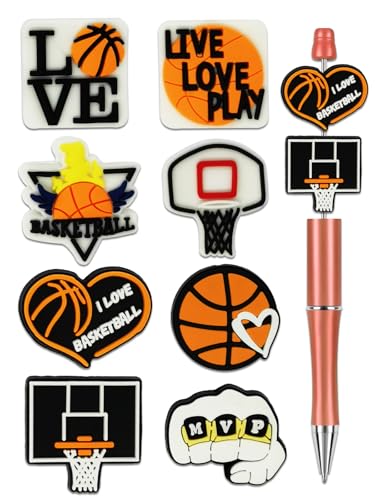 Silikon-Fokal-Perlen für Stifte, hochwertige, weiche, langlebige Perlen für individuelle Stiftherstellung, Bastelprojekte und Personalisierung, verschiedene Farben und Designs (Basketball), 8 Stück von Sheizschy