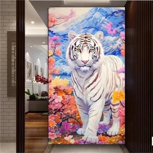 Diamond Painting 70x40cm, DIY 5D Weißer Tiger Diamant Painting Bilder Erwachsene mit Eckige Full Drill Blume Diamond Painting Zubehör, Basteln Erwachsene Paintings Set für Home Wall Decor Geschenke von Shejyn