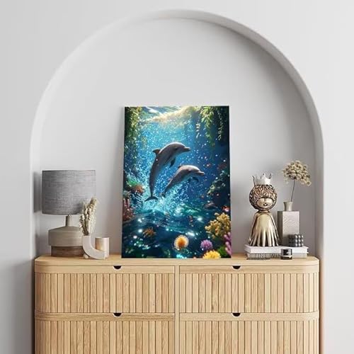 Shejyn Malen Nach Zahlen Erwachsene Delphin, DIY Handgemalt Ölgemälde Gemälde Kits, Leinwand Bilder Tier, für Kinder und Anfänger, paint by numbers Wandbilder Wohnzimmer, Ohne Rahmen 100x130 cm L-180 von Shejyn