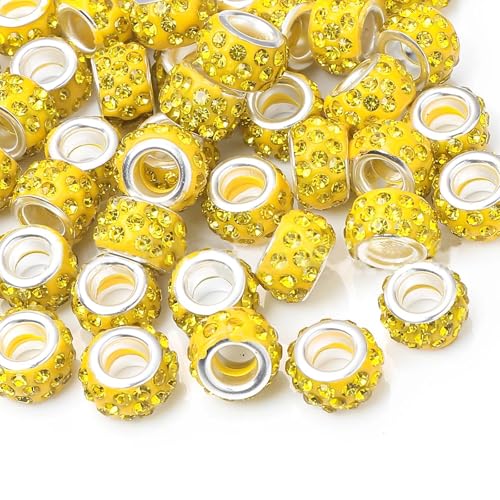 Shemboli 50 Stück große Lochperlen, Strass, europäische Perlen, Kristall-Charm-Perlen, Abstandshalter, Strassperlen für Stifte, Schmuckherstellung, Zubehör, DIY, Handwerk, Armband, Gelb, 12 mm von Shemboli