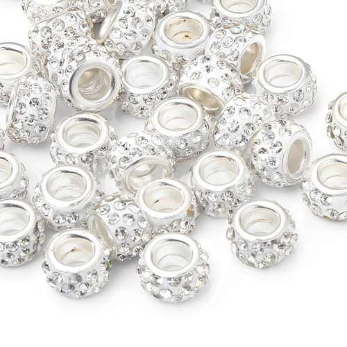 Shemboli 50 Stück große Lochperlen, Strass, europäische Perlen, Kristall-Charm-Perlen, Abstandshalter, Strassperlen für Stifte, Schmuckherstellung, Zubehör, DIY, Handwerk, Armband (Silber, 12 mm) von Shemboli