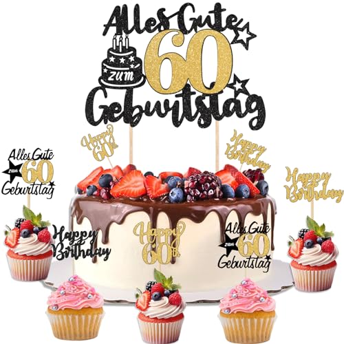 13 Stück 60 Geburtstag Mann Tortendeko Happy Birthday Cake Topper Deko 60. Geburtstag Kuchen Deko Alles Gute zum Geburtstag Schwarz Gold Cake Topper von ShengDexin