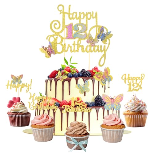 15 Stück Tortendeko Schmetterling Happy Birthday Cake Topper und Cupcake Deko 12 Geburtstag Mädchen Gold Glitzer Kuchen Deko Geschenke für 12 Jährige Mädchen von ShengDexin