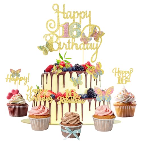 15 Stück Tortendeko Schmetterling Happy Birthday Cake Topper und Cupcake Deko 16 Geburtstag Mädchen Gold Glitzer Kuchen Deko Deko 16 Geburtstag Mädchen Torten Deko von ShengDexin