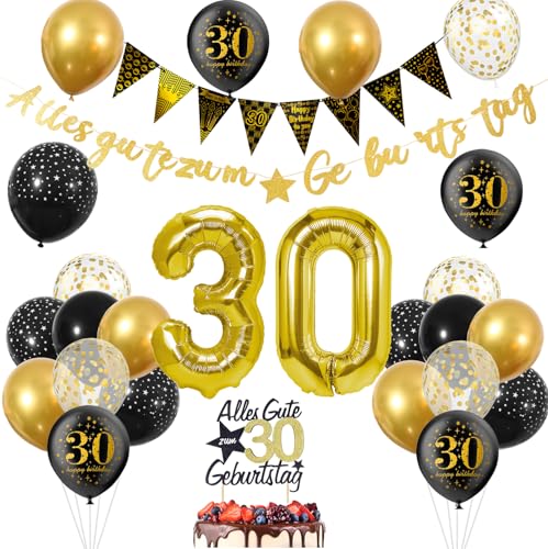 30 Geburtstag Männer, 30 Geburtstag Deko Schwarz Gold, 30 Jahr Geburtstagdeko mit Alles Gute zum Geburtstag Girlande Banner Tortendeko, Zahlen Luftballon 30. Geburtstag Männer, Konfetti Ballons von ShengDexin