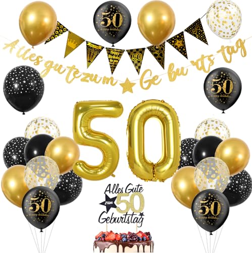 50 Geburtstag Mann, 50. Geburtstag Mann Schwarz Gold, 50 Jahr Geburtstagdeko mit Alles Gute zum Geburtstag Girlande Banner Tortendeko, Zahlen Luftballon Deko 50. Geburtstag Mann, Konfetti Ballons von ShengDexin