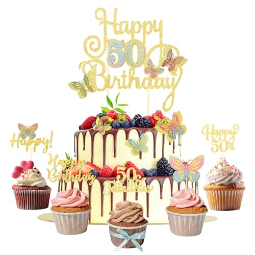 50. Geburtstag Frau Tortendeko Schmetterling 15 Stück Happy Birthday Cake Topper und Cupcake Deko 50 Geburtstag Frau Gold Glitzer Kuchen Deko von ShengDexin