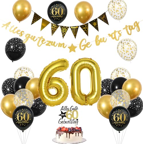 60 Geburtstag Mann, 60 Geburtstag Deko Schwarz Gold, 60 Jahr Geburtstagdeko mit Alles Gute zum Geburtstag Girlande Banner Tortendeko, Zahlen Luftballon Deko 60 Geburtstag Mann, Konfetti Ballons von ShengDexin