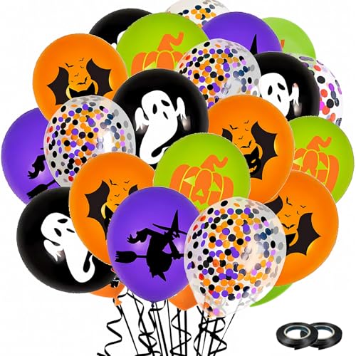 Halloween Deko Luftballons, Halloween Deko kinder 60 Stück Helium Ballons, Kürbisse Geist Fledermäuse Hexen Horror Deko mit 2 Rollen Schwarz Band für Halloween Kinder Party Deko von ShengDexin