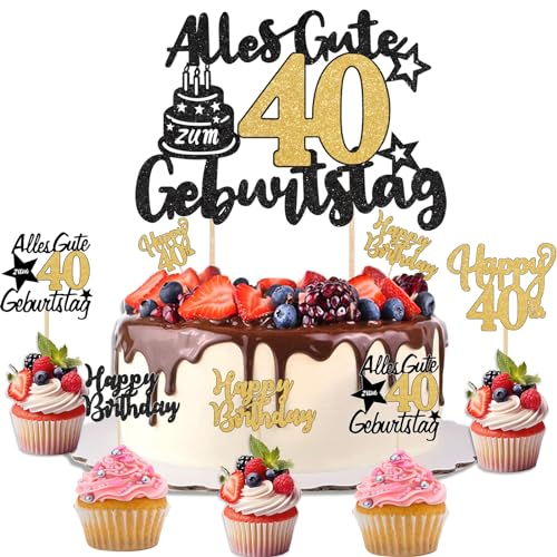 Happy Birthday Cake Topper 40 Geburtstag Männer Tortendeko 13 Stück Alles Gute zum Geburtstag Schwarz Gold Torten Deko 40. Geburtstag Männer Kuchen Deko von ShengDexin