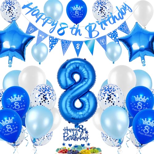 Geburtstagsdeko Jungen, Deko Geburtstag Junge 8 Jahre, Kindergeburtstag Deko Blau, Geschenk Junge 8 Jahre Birthday Decorations mit Happy Birthday Girlande, Cake Topper und Zahlen Luftballon 8 von ShengDexin