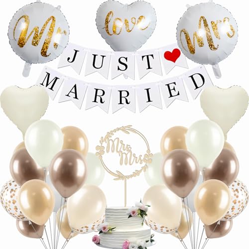 Hochzeitsdeko Just Married Deko, Mr & Mrs Deko Hochzeit, 57 Stück Luftballons Hochzeit 12 Zoll Helium Ballons Hochzeit mit Just Married Girlande, Cake Topper Hochzeit und Herzluftballons von ShengDexin