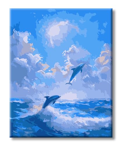 Malen Nach Zahlen Erwachsene Tiere Delfin, Malen Nach Zahlen Knitterfreie Leinwand Bilder, Paint by Numbers diy Gemälde Set für Anfänger mit Pinseln und Acrylfarbe als Geschenk für Wanddeko 40x50cm von ShengDexin