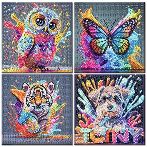 ShengDexin 4er Set Diamond Painting Kinder Tiere, Bastelset Kinder ab 6 Jahre, Diamant Painting Bilder Geschenke füR Mädchen Jungs 6 7 8 9 10 12 Jahre 15x15 Cm von ShengDexin