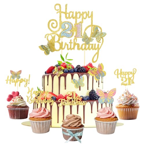 Tortendeko 21 Geburtstag 1 Stück Schmetterling Happy Birthday Cake Topper und 14 Stück Cupcake Deko Geburtstagsdeko Frauen Gold Glitzer Kuchen Deko von ShengDexin