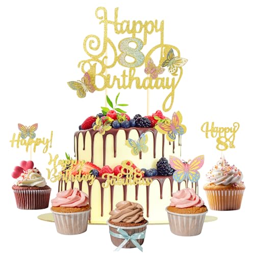 Tortendeko Schmetterling 15 Stück Happy Birthday Cake Topper und Cupcake Deko Geburtstagsdeko Mädchen 8 Jahre Gold Glitzer Kuchen Deko Geschenk Mädchen 8 Jahre von ShengDexin