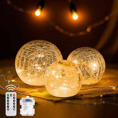 3er LED Kugelleuchte Set,8 Modi Deko Lampe Batteriebetrieben,LED Kugel mit Timer,Weihnachtsdeko Beleuchtet mit Crackle Glas,LED Glaskugel Lichterketten,für Innen Tischdeko Schlafzimmer Wohnzimmer von Shengruili