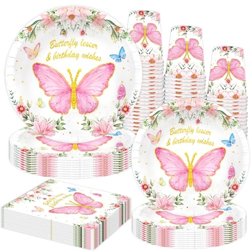 50 Stück Schmetterling Partygeschirr Set,Partygeschirr Geburtstag,Kindergeburtstag Geschirr Set,Schmetterling Geburtstag Deko,Mit Teller Becher Servietten,Party Geschirr für 10 Gäste von Shengruili