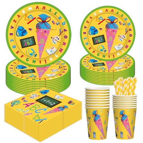 60 Teile Schulanfang Partygeschirr Set,Einschulung Deko Set,Schuleinführung Schulanfang,Schulanfang Servietten Papier Teller Papier Strohhalme für Schulanfang Party Dekoration von Shengruili