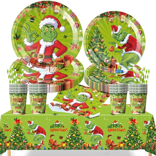 61 Stück Weihnachten Partygeschirr Set,Partygeschirr Geburtstag,Kindergeburtstag Geschirr Set,Weihnachten Dekoration,Mit Teller Becher Servietten Strohhalme Tischdecke,Party Geschirr für 10 Gäste von Shengruili