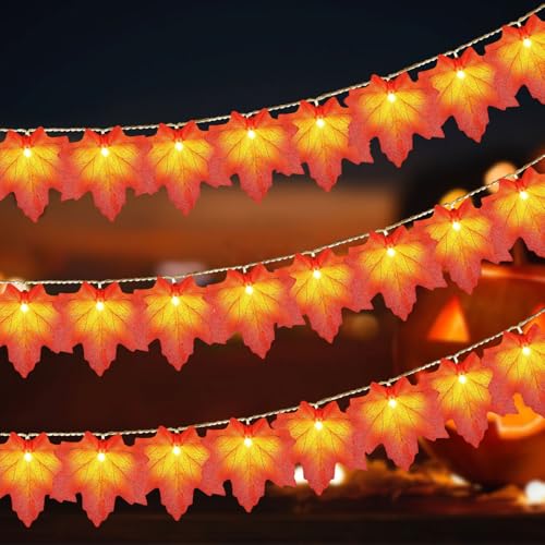 Ahornblatt Lichterkette,6M 40LED Halloween Ahornblatt Kürbis Lichterketten String,Lichterkette Herbst,Ahornblätter Licht für Herbst Party,Herbstdeko Ahornblatt Girlande Lichtern von Shengruili