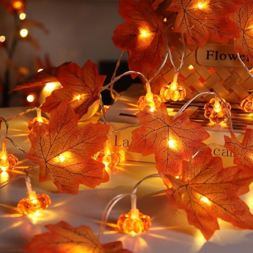 Shengruili Ahornblatt Lichterkette,6M 40LED Halloween Ahornblatt Kürbis Lichterketten String,Lichterkette Herbst,Ahornblätter Licht für Herbst Party,Herbstdeko Ahornblatt Girlande Lichtern von Shengruili