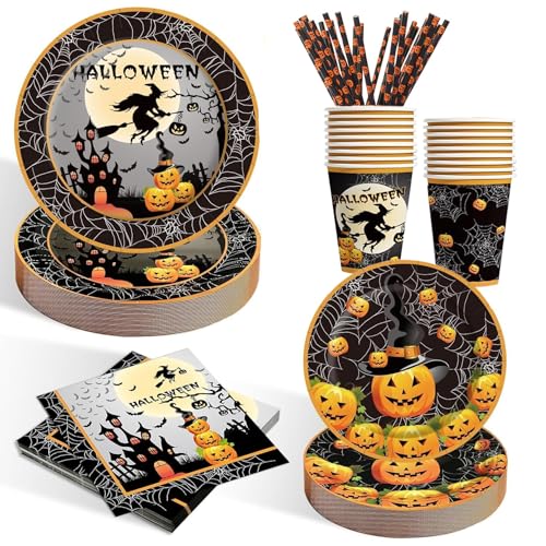 Halloween Partygeschirr Set,50 Stück Halloween Tischdeko,Trick or Treat Geschirrdeko,Halloween Geschirrdeko,Mit Teller Becher Servietten Strohhalme,Party Geschirr für 10 Gäste von Shengruili