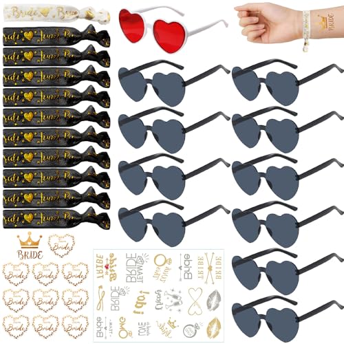 34 Stück Jga Brille Team Braut Armbänder,Partybrille Herz Sonnenbrille,Hippie Herzförmige Brille,Bride to Be Herz Brille Set,Party Sonnenbrille Team Bride,JGA Deko Accessoires mit Tattoo Aufkleber von Shengruili