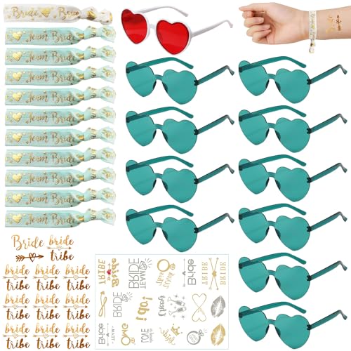 34 Stück Jga Brille Team Braut Armbänder,Partybrille Herz Sonnenbrille,Hippie Herzförmige Brille,Bride to Be Herz Brille Set,Party Sonnenbrille Team Bride,JGA Deko Accessoires mit Tattoo Aufkleber von Shengruili